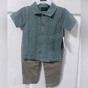 Perry Ellis Boys Teal Cable Knit Button Down Shirt with Khakis
